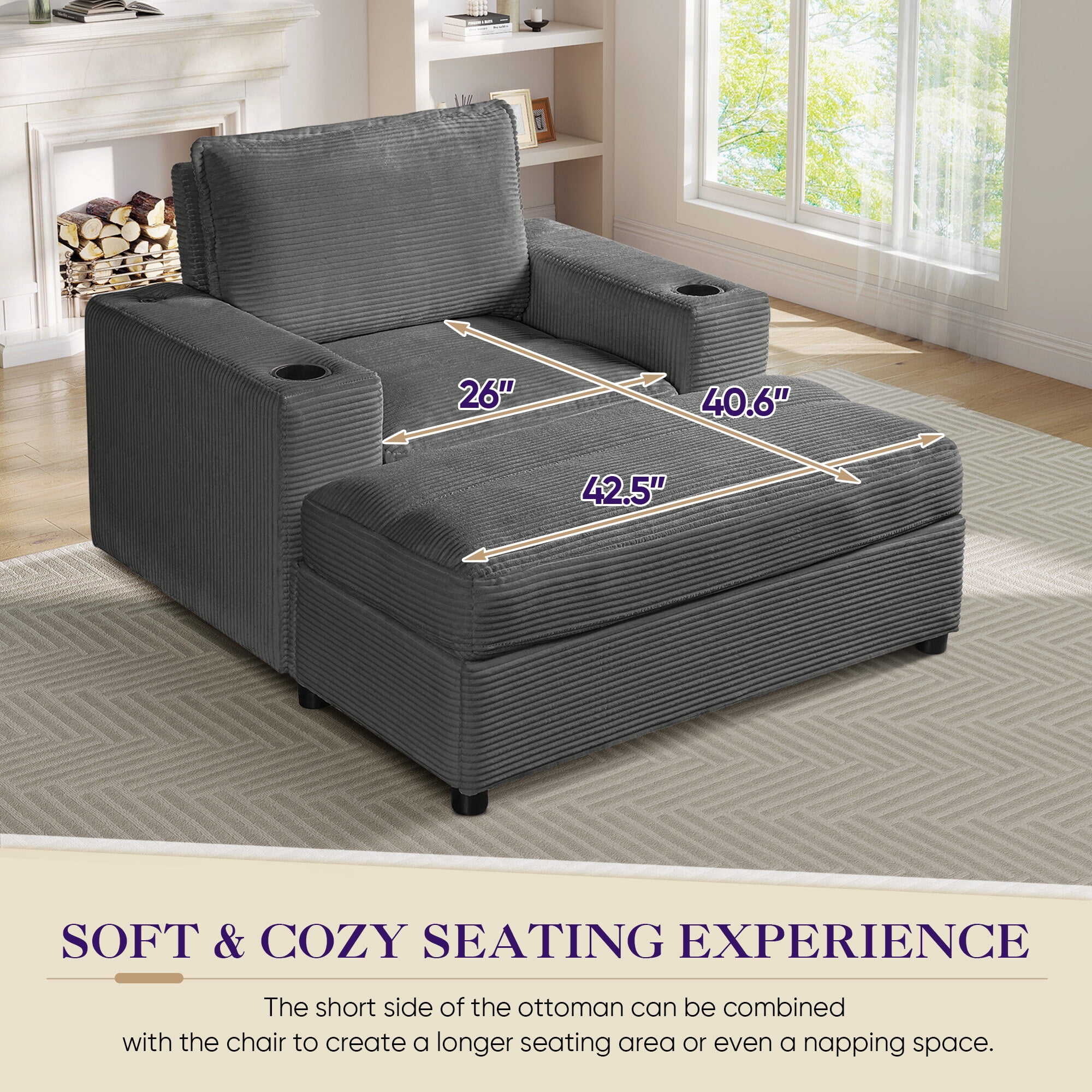Lunale 42.8" Accent Chair with Ottoman, Indoor Chaise Lounge Chair with USB & Storage, Plush Reading Sofa Armchair for Living Room, Bedroom, Apt, Gray Corduroy