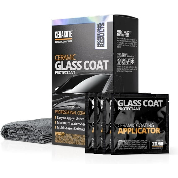 Cerakote Ceramic Glass Coat Protectant Kit, Rain Repellent Hydrophobic Windshield Coating, 4-Wipe Kit