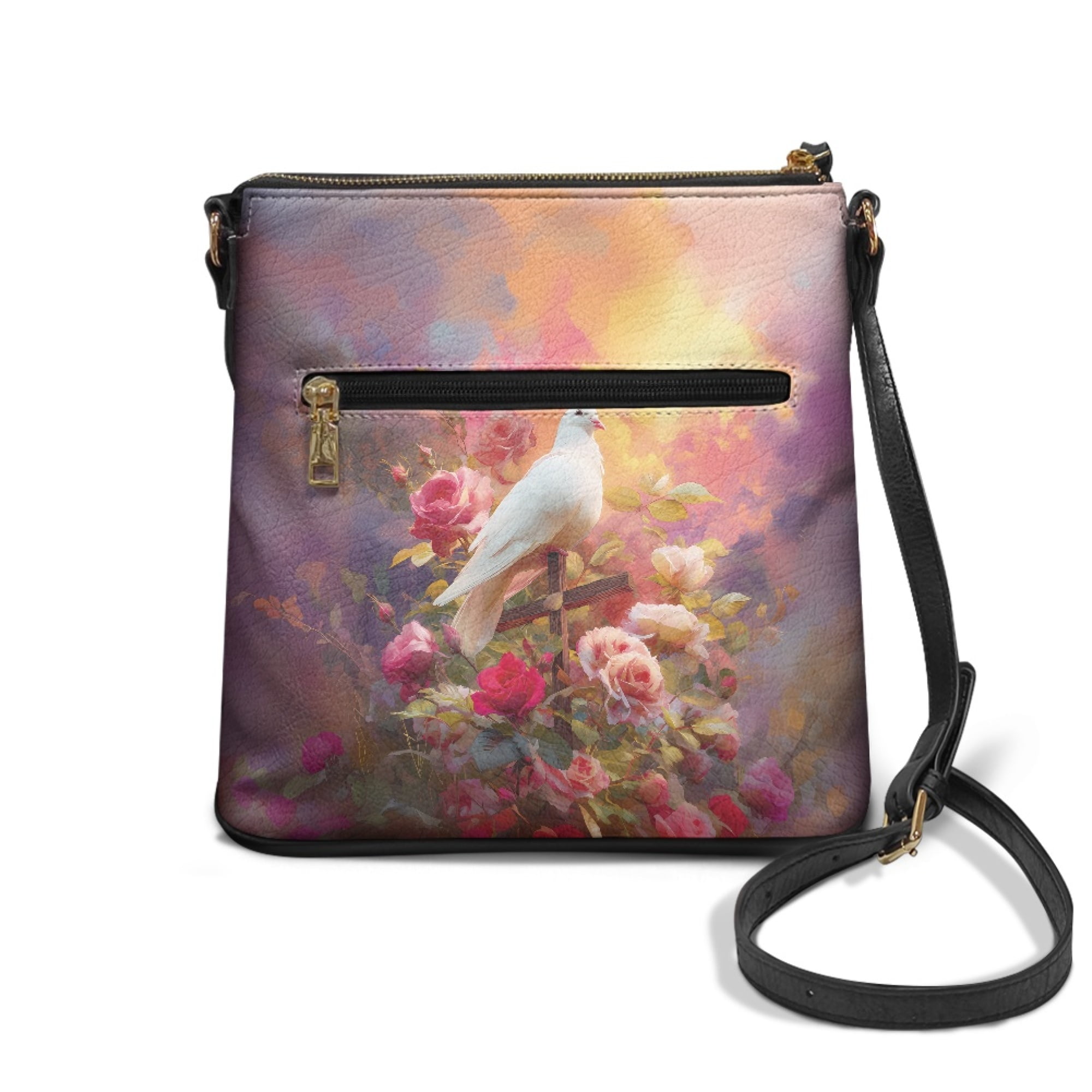 Kuiaobaty Pigeon Cross Rose Print Crossbody Bag for Women Trendy, Roomy Casual Vegan Leather Sling Handbag Crossbody, Lightweight Zipper Hobo Purse with Adjustable Strap for Travel