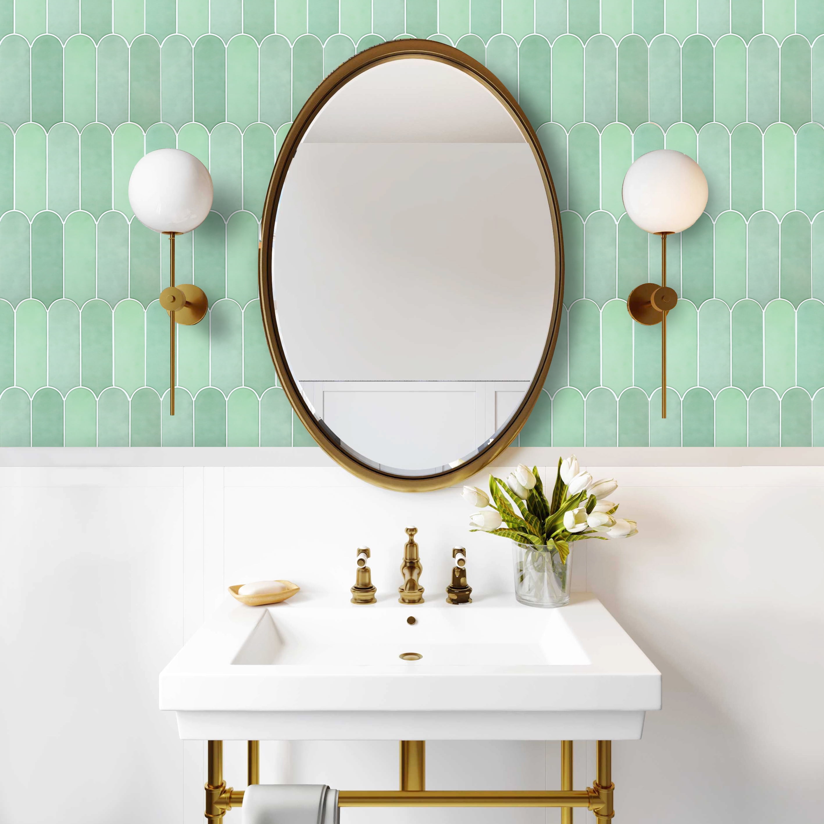 Peel and Stick Backsplash Feather Tile, Sage Green Self Adhesive Wall Tiles for Kitchen Bathroom