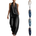 thumbnail image 5 of Sexy Two Piece Outfit Denim Set for Women 2 Piece Sexy Sleeveless Halter Neck Tank Top Vest Matching Jean Sets Wide Leg Pants Airport Outfits Casual Summer Trendy Vacation Clothe, 5 of 6