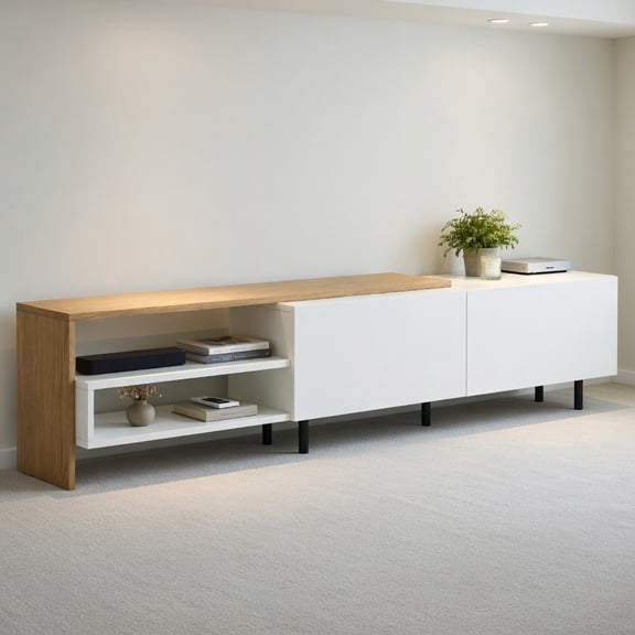 Topcobe Modern TV Stand for 80 Inch TVs with Storage Shelves and Cabinets, Entertainment Center with Storage-White