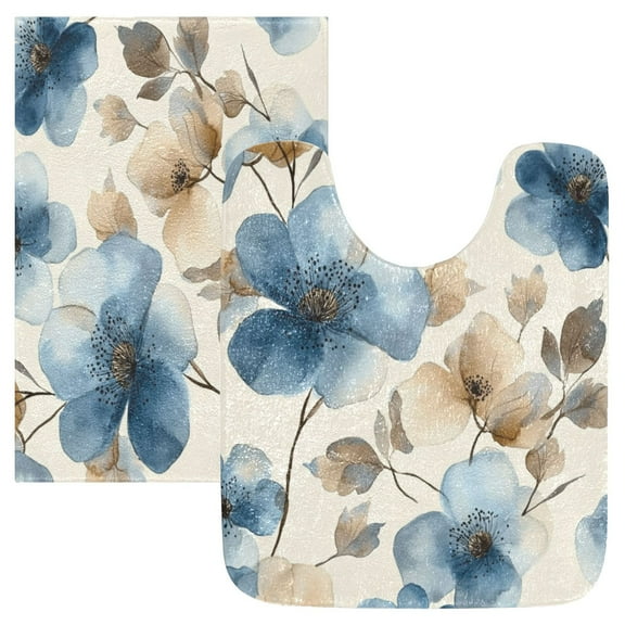 2 Piece Soft Bathroom Rug Set Blue Watercolor Flowers Bath Mat and U-Shaped Toilet Contour Rug (16"x24" 20"x24")