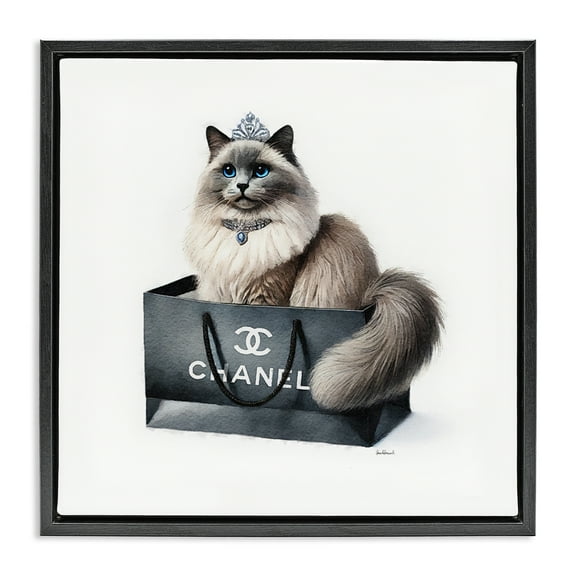 Stupell Industries Glam Cat Shopping Bag Animals Painting Black Floater Framed Canvas Art Print Wall Art, 18 x 18