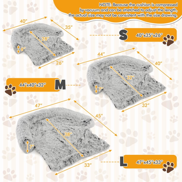 Kadyn 44" Plush Long Fur Dog Couch Bed, Dog Bed Mats with Anti-Slip Bottom, Washable Removable Couch Cover, Perfect for Small, Medium Dogs Cats, Gray-M