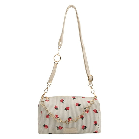 Aesthetic Strawberry Corduroy Shoulder Bag With Chain Soft Comfortable Travel Handbag Purse Crossbody Bags For Essential