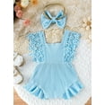 thumbnail image 3 of Suealasg Newborn Baby Girl 2Pcs Summer Outfits Lace Sleeve Round Neck Ruffle Romper with Headband Set Infant Birthday Photoshoot Clothes 0-18 Months, 3 of 8