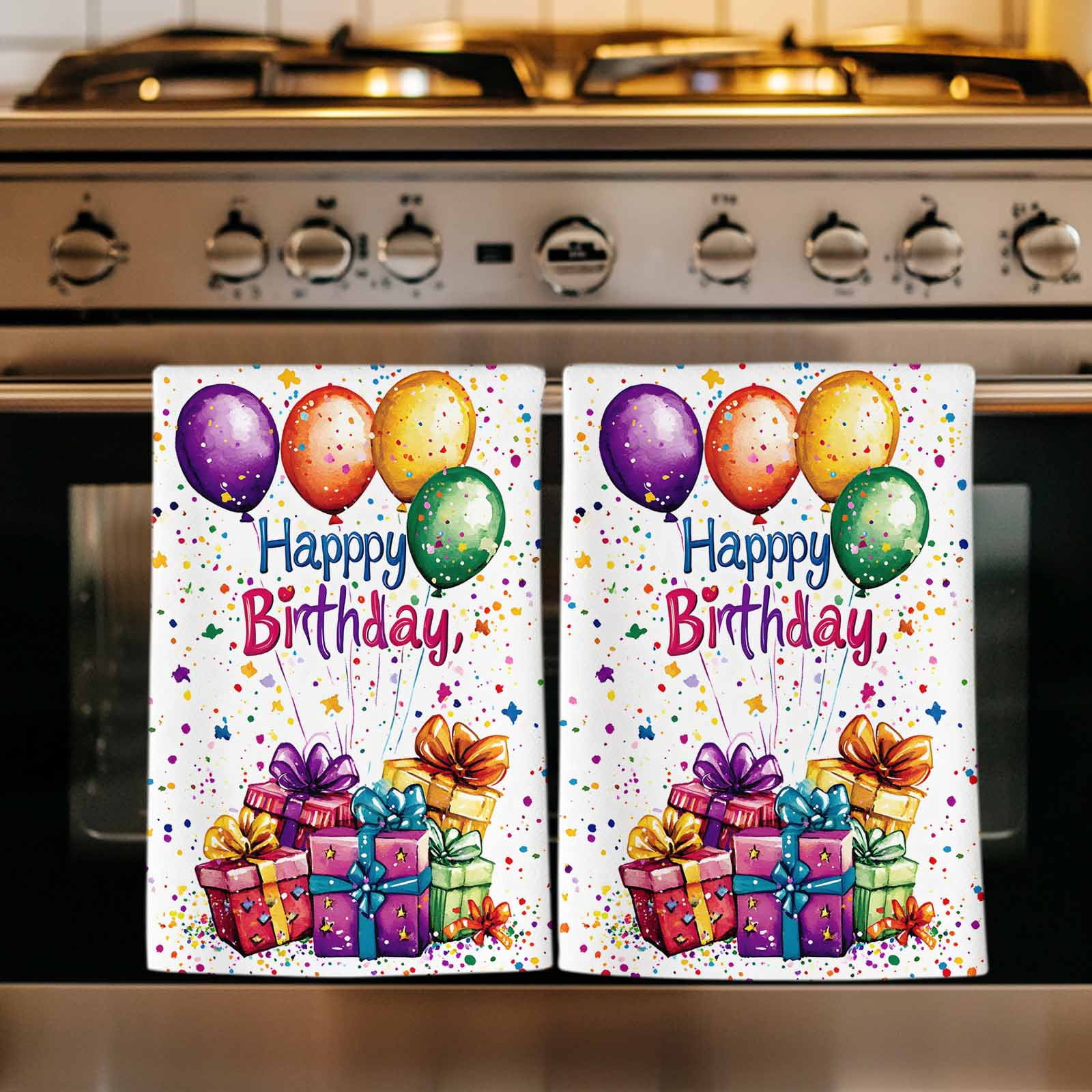 Happy Birthday Kitchen Towels Set of 2, Colorful Balloon Gifts Patterns Soft Microfiber Dish Towels, Absorbent Quick-Dry Washable Dishcloths for Kitchen Cleaning, Drying Dishes, 18x28 Inches