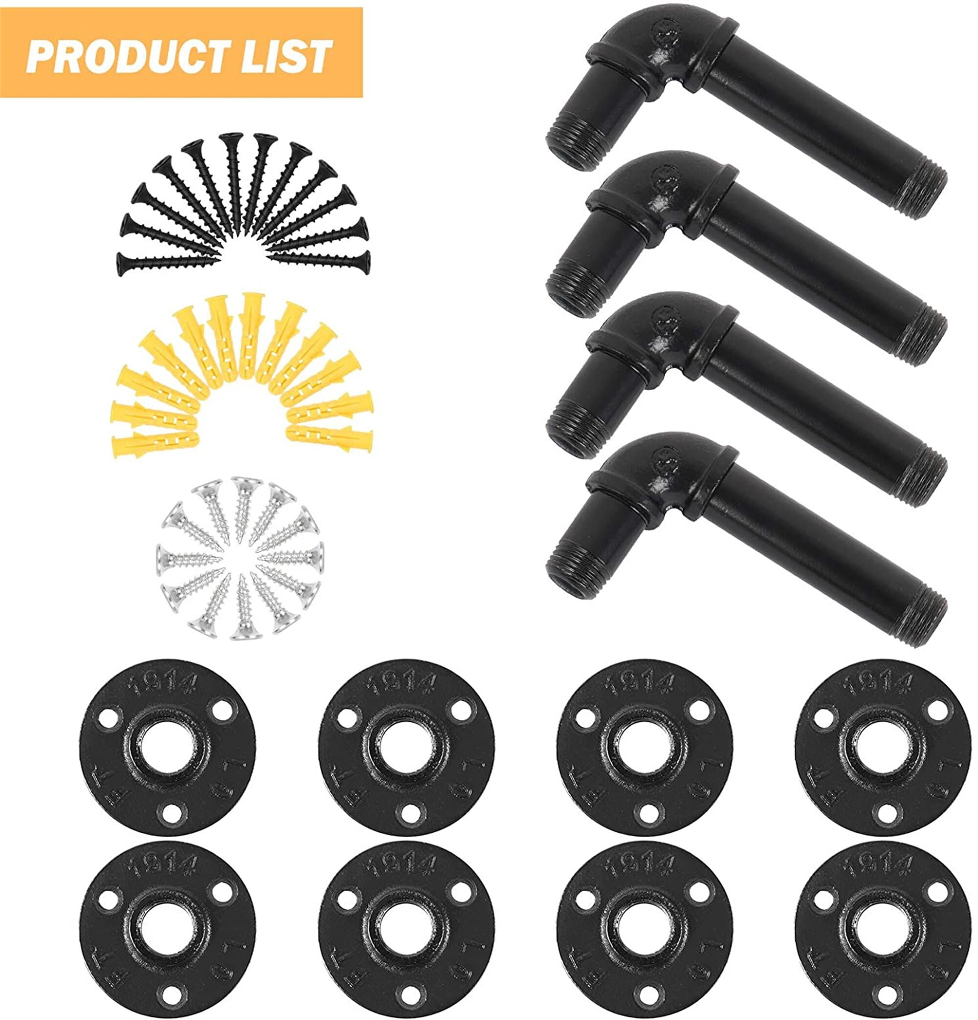 NEX Set of 4 Industrial Rustic DIY Wall Shelves Brackets Pipe Shelf Brackets, Black