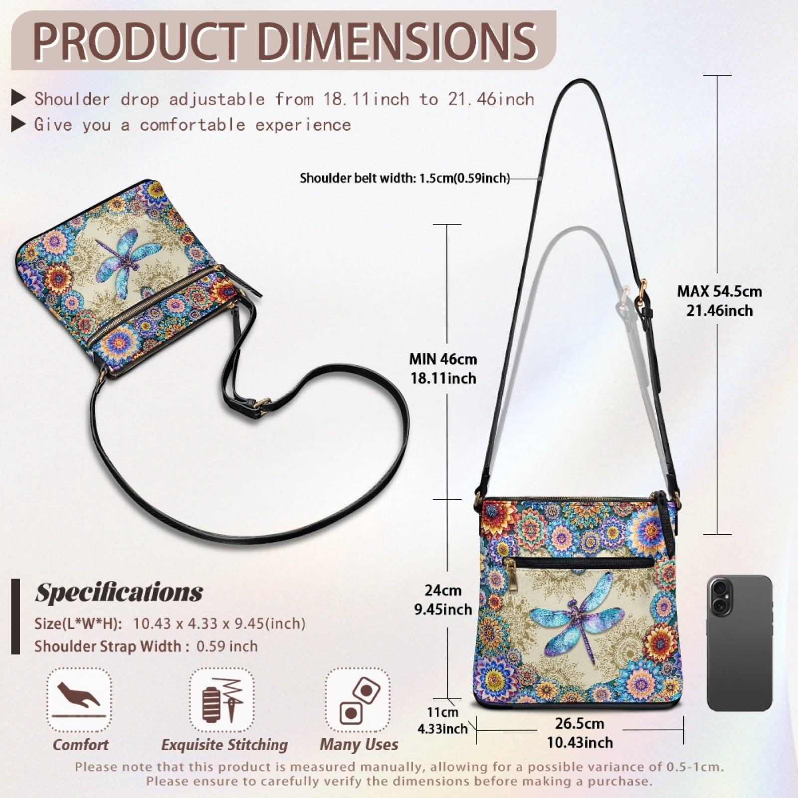 ZUXONGSY Boho Mandala Dragonfly Print Leather Crossbody Bags for Women Casual Messenger Bag Shoulder Purse Bag Waterproof Multiple Pockets Bag with Shoulder Strap for Dating Workout