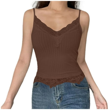QYZEU Plus Size Tank Tops for Women Dressy Lace Trim Ribbed Deep V Neck Crop Camisole Sexy Slim Fit Sleeveless Tank Top Bodysuit Soft Breathable Lightweight Tops Brown XL