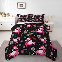 Manfei Kawaii Flamingo Queen Comforter Set for Kids, Black Pink Cartoon Bedding Sets, Merry Christmas Reversible Lightweight Room Decor, 3-Piece