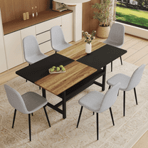 NYEESS 7-Piece 71 inch Wood Dining Table Set with Storage Shelf and 6 Light Gray Linen Chairs, Modern Dining Room Furniture