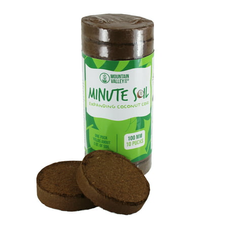 Minute Soil - Compressed Coco Coir Fiber Grow Medium - 100 MM Discs - 10 Pack = 4.25 Gallons of Potting Soil - Gardening, House Plants, Flowers, Herbs, Microgreens, Wheatgrass - Just Add Water - (Best Soil For Container Gardening)