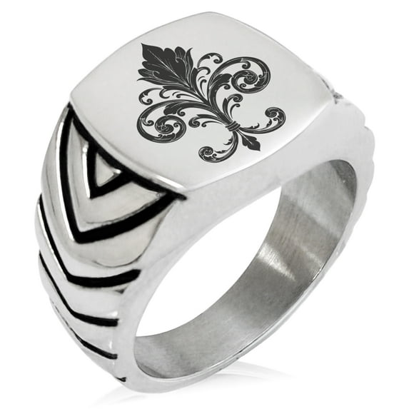Stainless Steel Ornate Fleur De Lis Chevron Pattern Biker Style Polished Ring