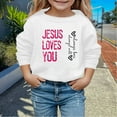 thumbnail image 2 of Hwmodou Girls Sweatshirt "Jesus Loves Me" Crewneck Printed Long Sleeve Fall Winter Simple Athletic Top,3-14Y, 2 of 4