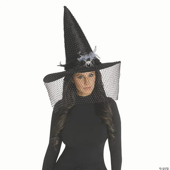 Fun World FW93716F Adults Black Poiyester Witch Hat with Feathers, Spider Bling & Net Veil Costume Accessory