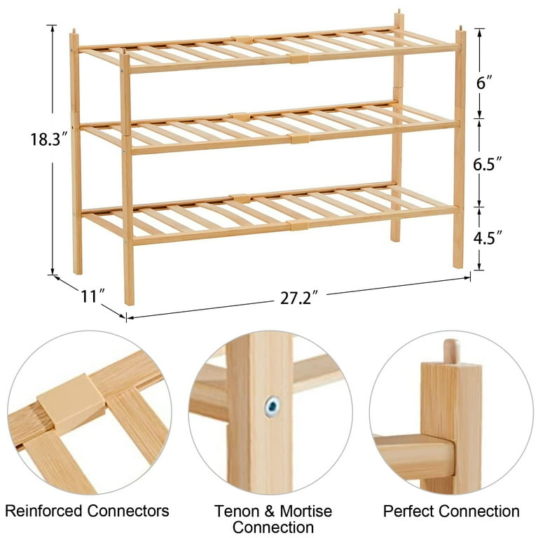 3-Tier Bamboo Shoe Rack for Entryway, Stackable