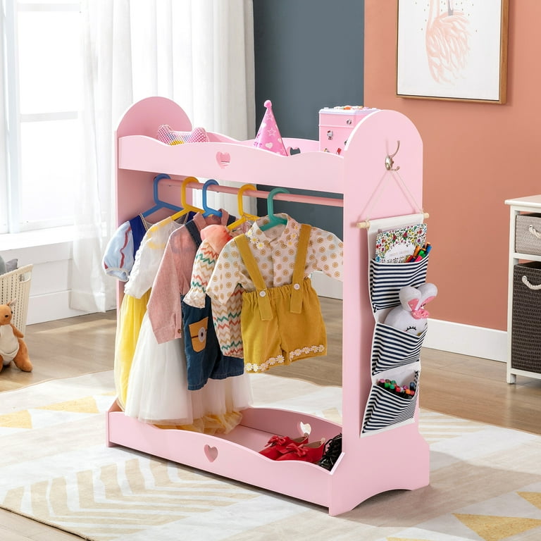 JOYLDIAS Kids Dress Up Storage Girls Armoire Closet with Mirror, Side  Pocket, Storage (Pink)