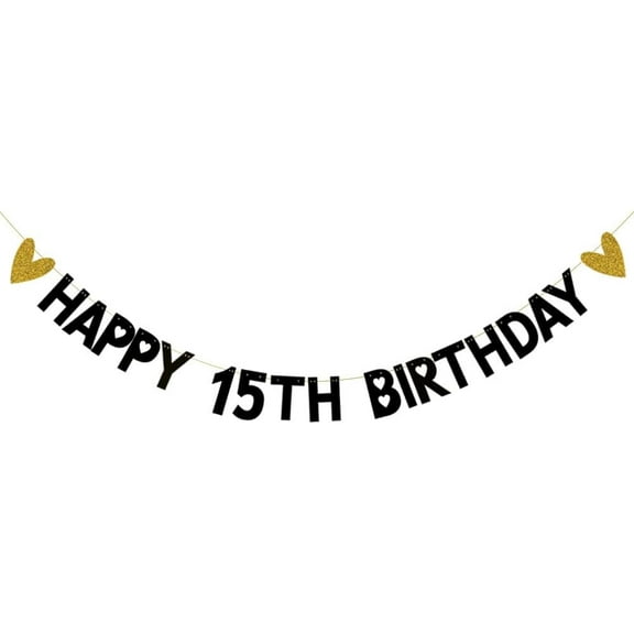 HAPPY 15TH BIRTHDAY Banner,Pre-Strung,Black Paper Glitter Party Decorations for 15 Years Old 15TH Birthday Party Supplies Letters Black