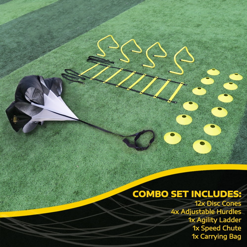 12 Disc Cones and a Drawstring Bag 1 Agility Ladder A11N Speed & Agility Training Set- Includes 1 Resistance Parachute Training Equipment for All Sports 4 Adjustable Hurdles 4 Steel Stakes 