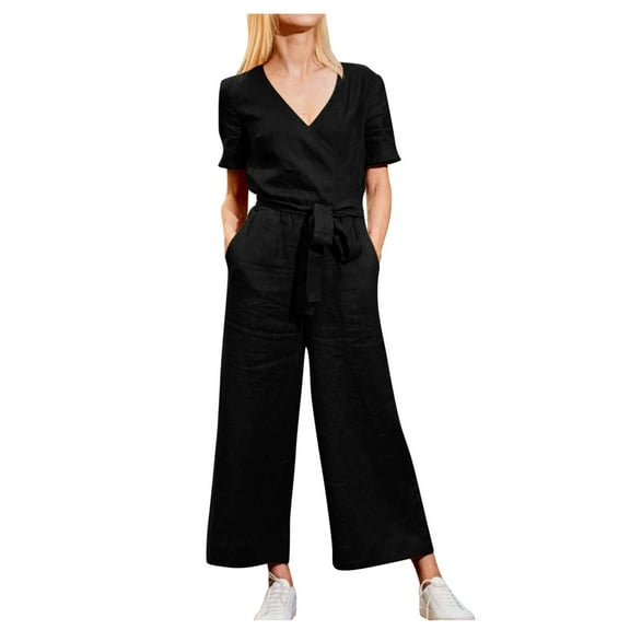 gakvbuo Jumpsuits For Women Summmer Dressy Wedding Women Solid Pocket Romper Short Sleeve V-neck Belt Loose Overalls Jumpsuit