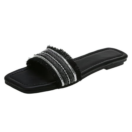 

uikmnh Women Slippers Women Flat Beaded Fringe Slippers Square Headband Beach Sandals Fairy Slippers Flat Open Toe Slippers Summer Slippers Black 8.5