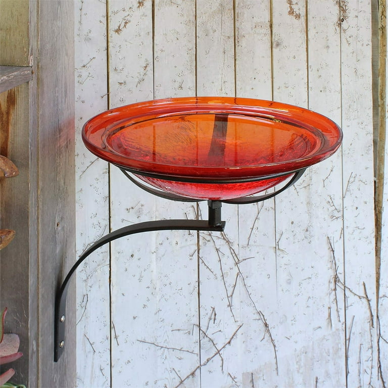 Achla Designs Hand Blown Crackle Glass Birdbath with Wall Mount, Tomato Red  