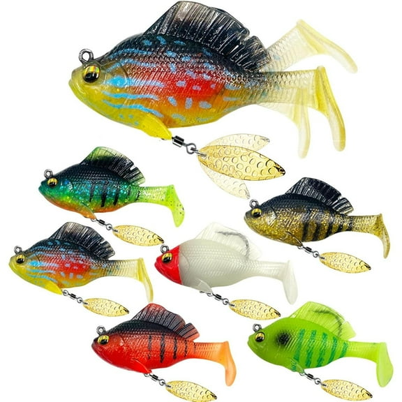 6Pcs Pre-Rigged Jig Head Soft Fishing Lures, Paddle Tail Swimbaits/3D Eyes/Spinner Blades for Bass Fishing,Hidden Ultra-Sharp Hook in The Top Fin, Fishing Bait for Freshwater Saltwater