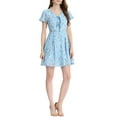 thumbnail image 3 of INSPIRE CHIC Women's Floral V Neck Flare Short Sleeve Lace-up Zipper Chiffon Dress L Light Blue, 3 of 7