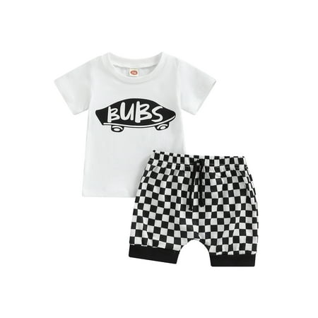 

Liacowi Toddler Baby Boy Summer Casual Outfits White BUBS Print Short Sleeve Top Plaid Drawstring Shorts Set