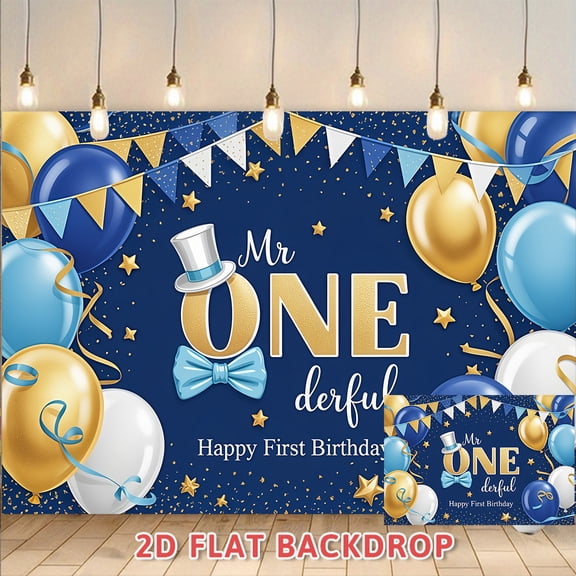 Mr ONEderful First Birthday Backdrop Navy Blue Gold Balloon Theme Photography Background Banner for 1st Birthday Party Decorations Cake Table Photo Booth Props