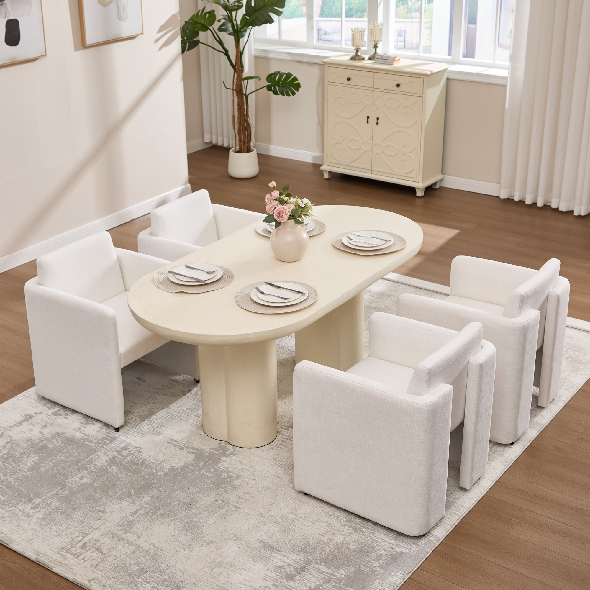 Leumius Modern Barrel Dining Chair, Accent Kitchen Chair with Arms Comfy Linen Fabric, Side Chair for Living Room Home Office Reception, Cream