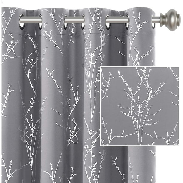 Cortinas opacas para dormitorio con estampado de papel de aluminio, rama de árbol, rama de árbol, aislamiento térmico, con ojales, cortinas que bloquean la luz, gruesas y suaves cortinas para ventana para sala de estar, 52 x 84 pulgadas, salvia, 2 paneles, gris, 52 pulgadas de ancho x 63 pulgadas de largo