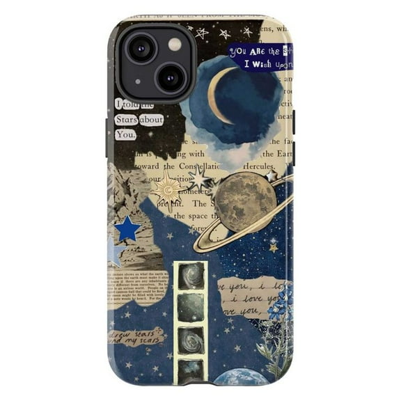Celestial Collage Phone Case – Moon & Stars Vintage Aesthetic, Protective Hard Cover for iPhone 16 15 14 13 12 11 Pro Max Plus Mini