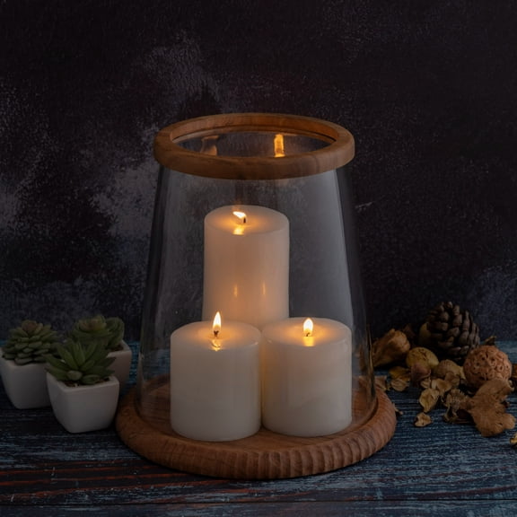 BIDK Home Tapered Glass Candle Lantern with Acacia Wood Base - 11.5"