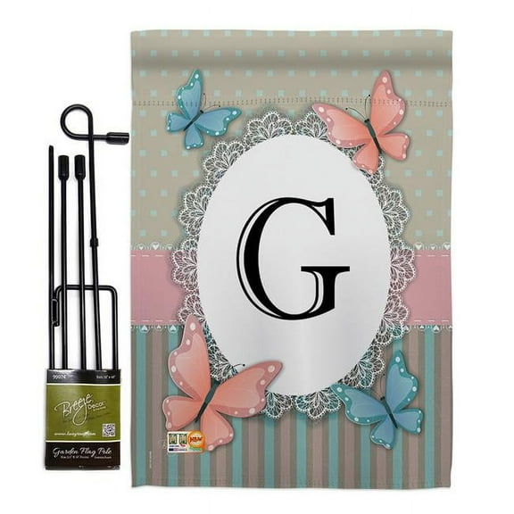 Breeze Decor BD-BG-GS-130137-IP-BO-D-US14-BD 13 x 18.5 in. Butterflies G Initial Garden Friends Bugs & Frogs Impressions Decorative Vertical Double Sided Flag Set with Banner Pole