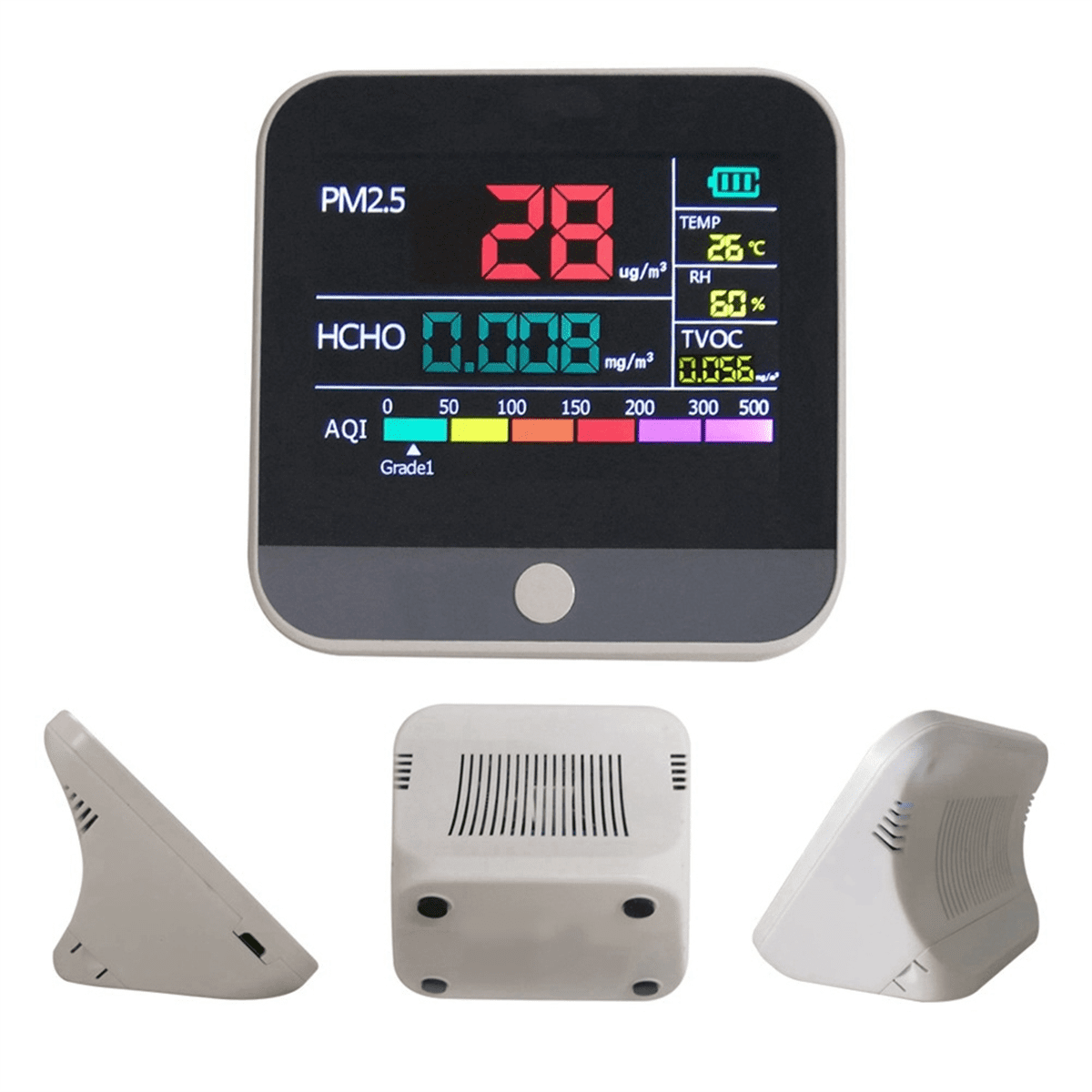 Eight in One Indoor Air Quality Monitor PM2.5/PM1 /PM10 Monitor Temperature Formaldehyde TVOC Air Quality Tester,1 x Air Quality Monitor 1 x USB charging cable 1 x English manual,white black