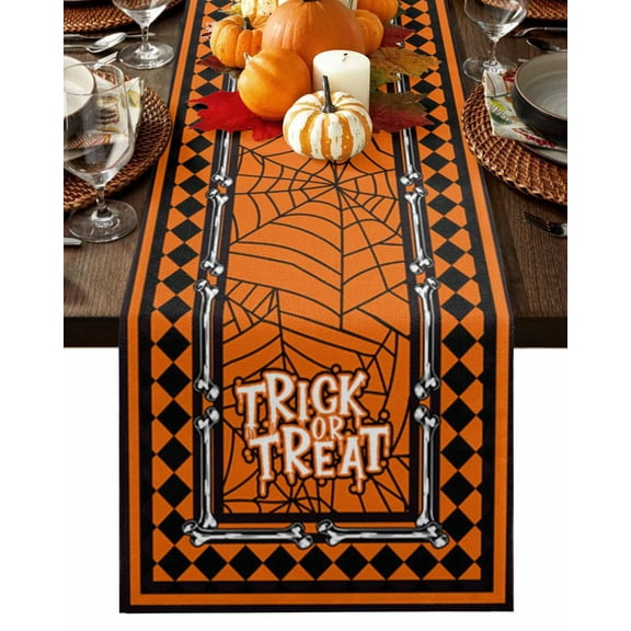 Table Runner 108 Inches Long, Halloween Trick or Treat Orange Black Buffalo Plaid Cotton Linen Table Runners Non-Slip Durable Dresser Scarves for Table Party Dinner Holiday Home Decor, 1 Pack
