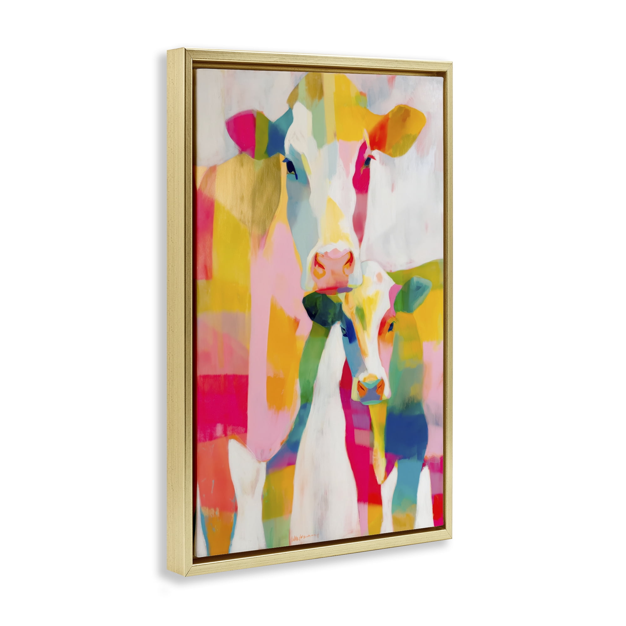 Stupell Industries Cow Family in Cubist Abstract Gold Framed Floater Canvas Wall Art, design by Chromatic Storm Studio