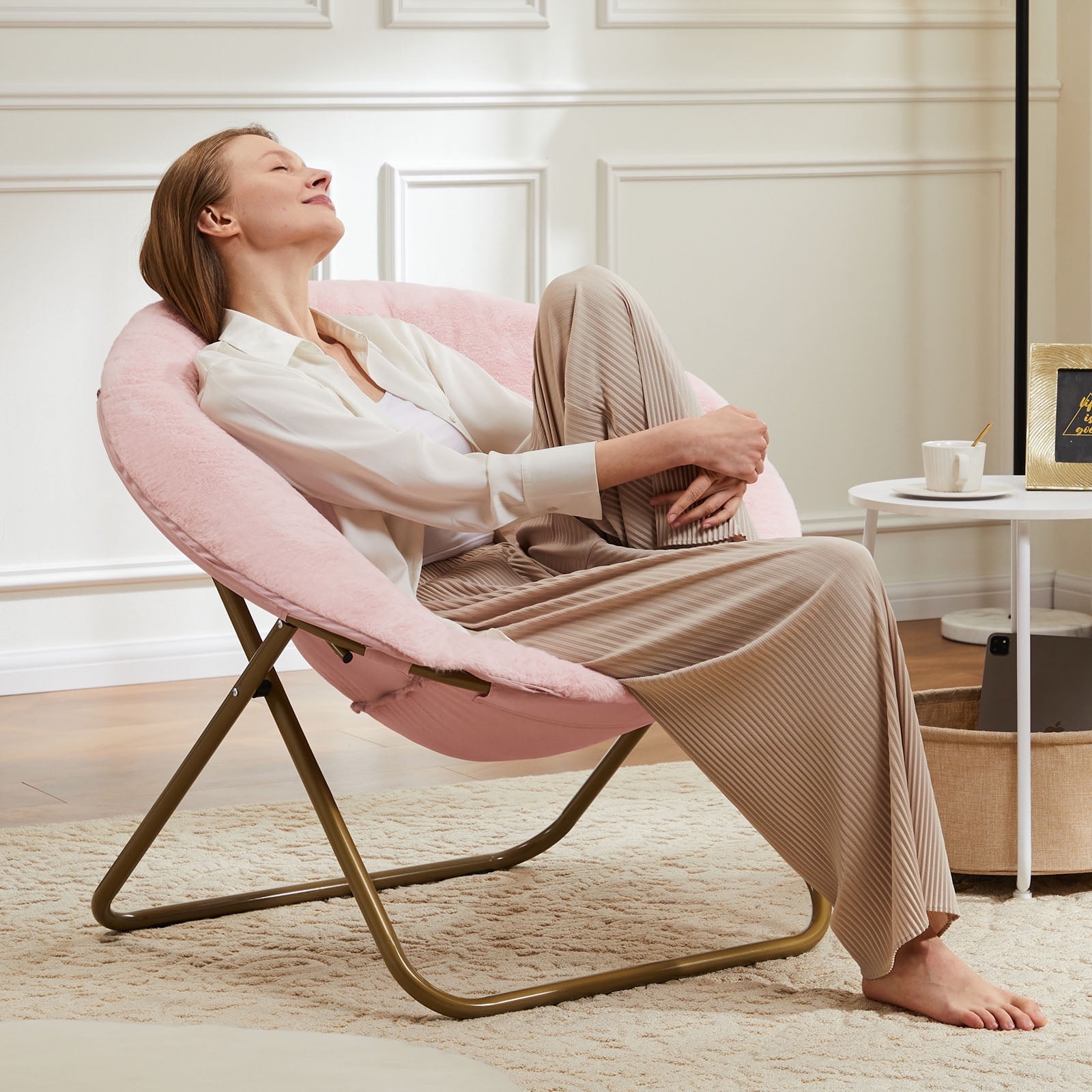 Faux Fur Disc Chair for Living Room and Bedroom, Comfortable Round Lounge Seat, Adult Size