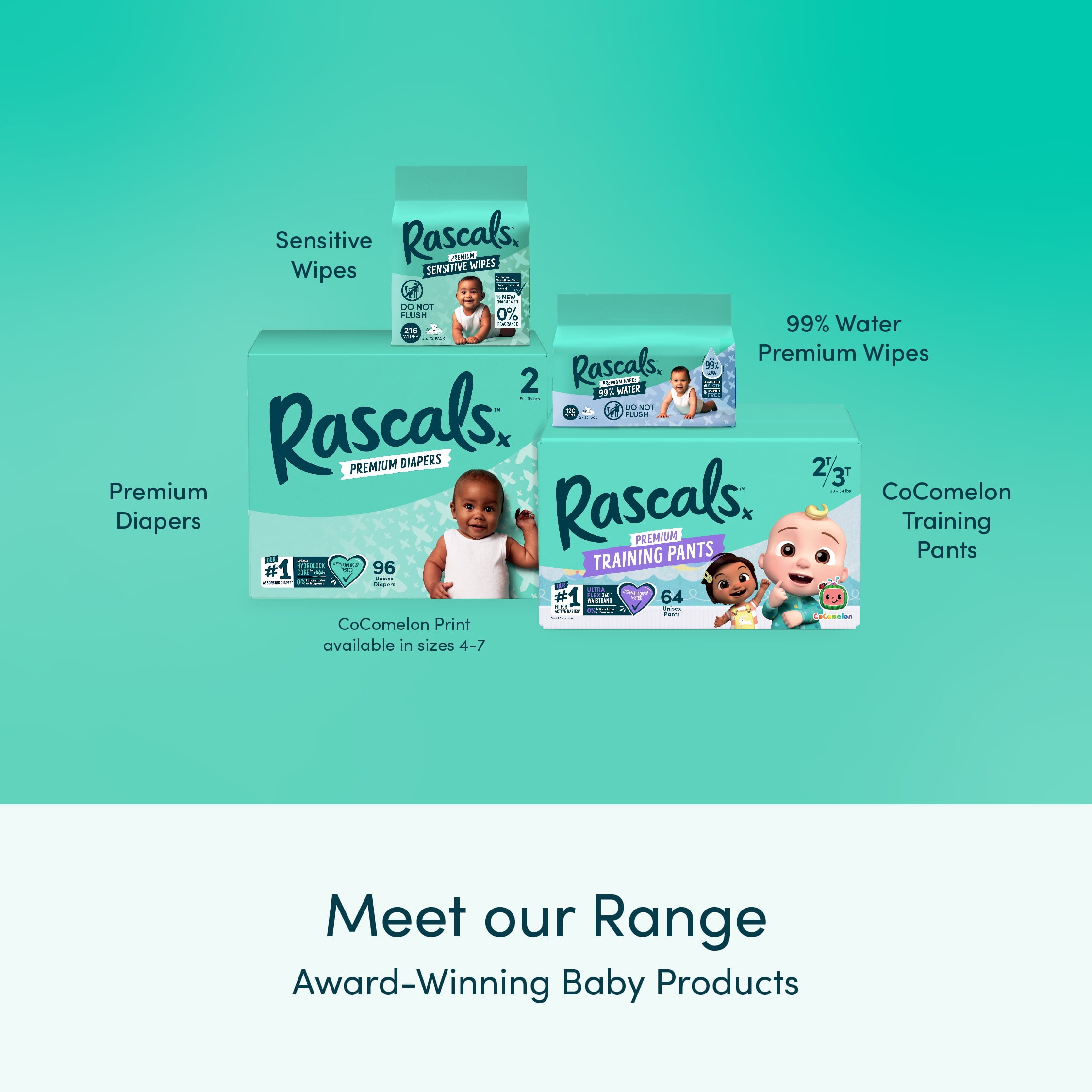Rascals Premium CoComelon Absorbent Baby Diapers Size 4, 148 Count