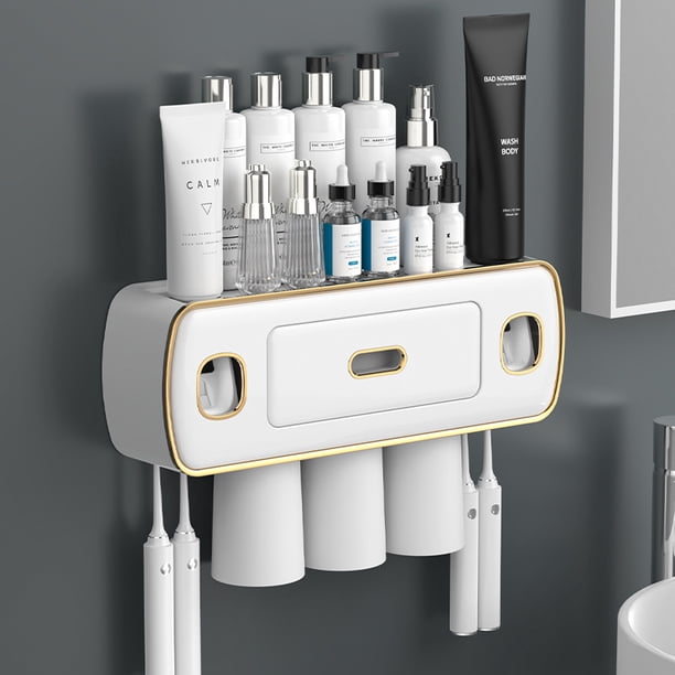 Soporte para cepillos de dientes montado en la pared con dispensador automático doble de pasta de dientes, soporte para cepillos de dientes montado en la pared, con 4 ranuras para cepillos de dientes TUNC Sencillez