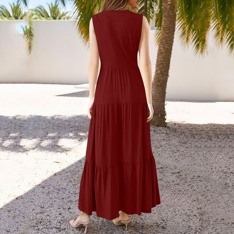 Burgundy Wine Long Dress for Women Summer Fall Sleeveless Vneck Spandex  Midi Knee High Lounge Pleated Cami Tank Plain Dress Women 2025 Clothing  Fashion Y2K XL - Walmart.com