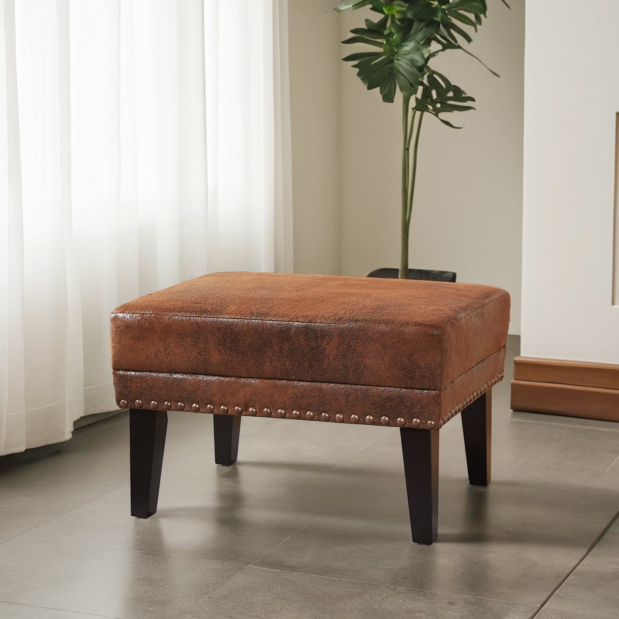 AmoDwell Ottoman Foot Rest for Sofa Chair Couch, Faux Leather Ottoman with Nailhead Trim and Cushion