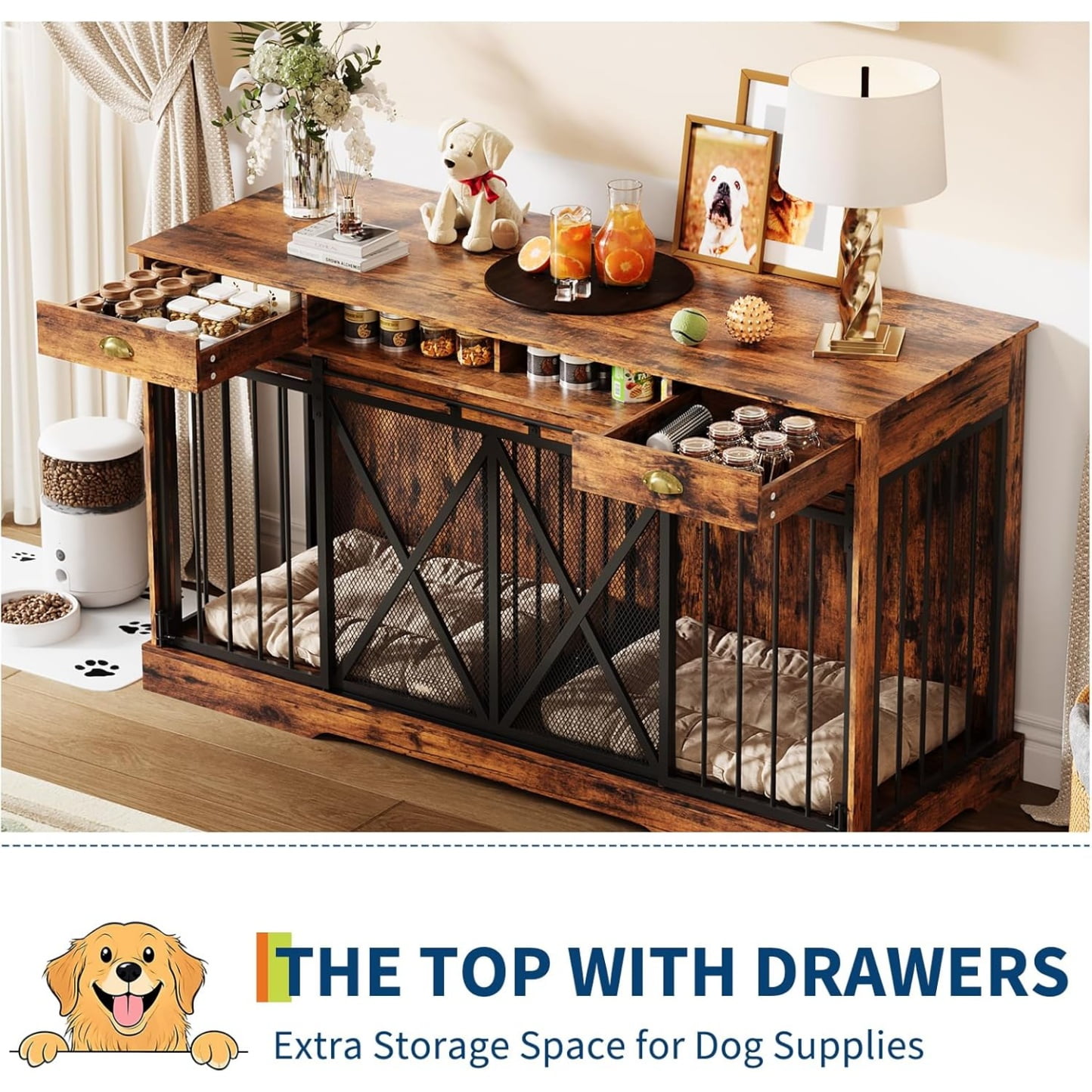 63'' Extra Large Double Dog Crate with Removable Divider, Heavy Duty Dog Kennel Furniture with 2 Drawers, Indoor Decorative Pet Cage TV Stand for 2 Pets