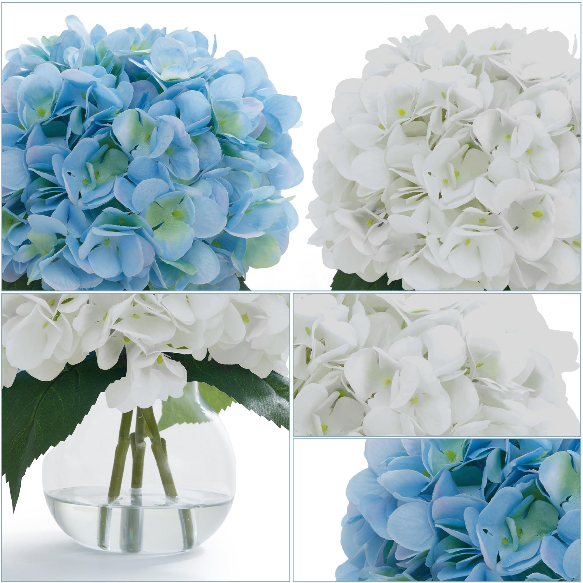 2-Pack Artificial Hydrangeas in Glass Vase with Faux Water - White & Blue Faux Flower Arrangement for Table Centerpiece, Home Office, Shelf & Bathroom Decor