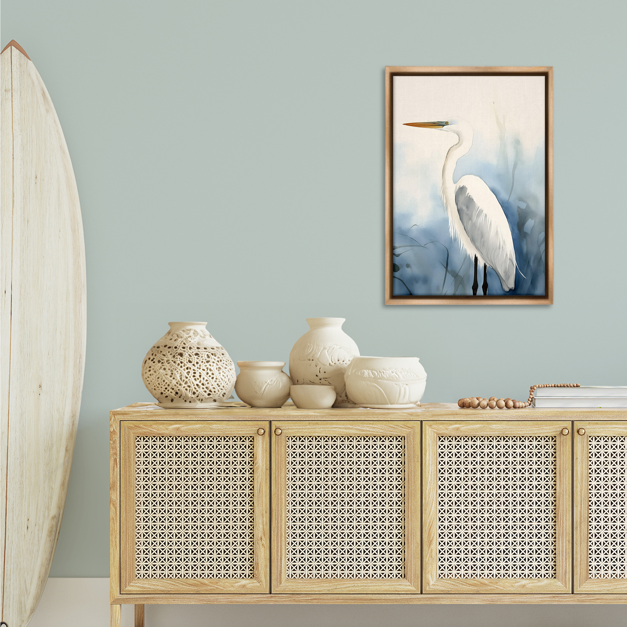 Stupell Industries Egret Beach Bird Animals & Insects Painting Brown Floater Framed Canvas Art Print Wall Art, 21 x 31