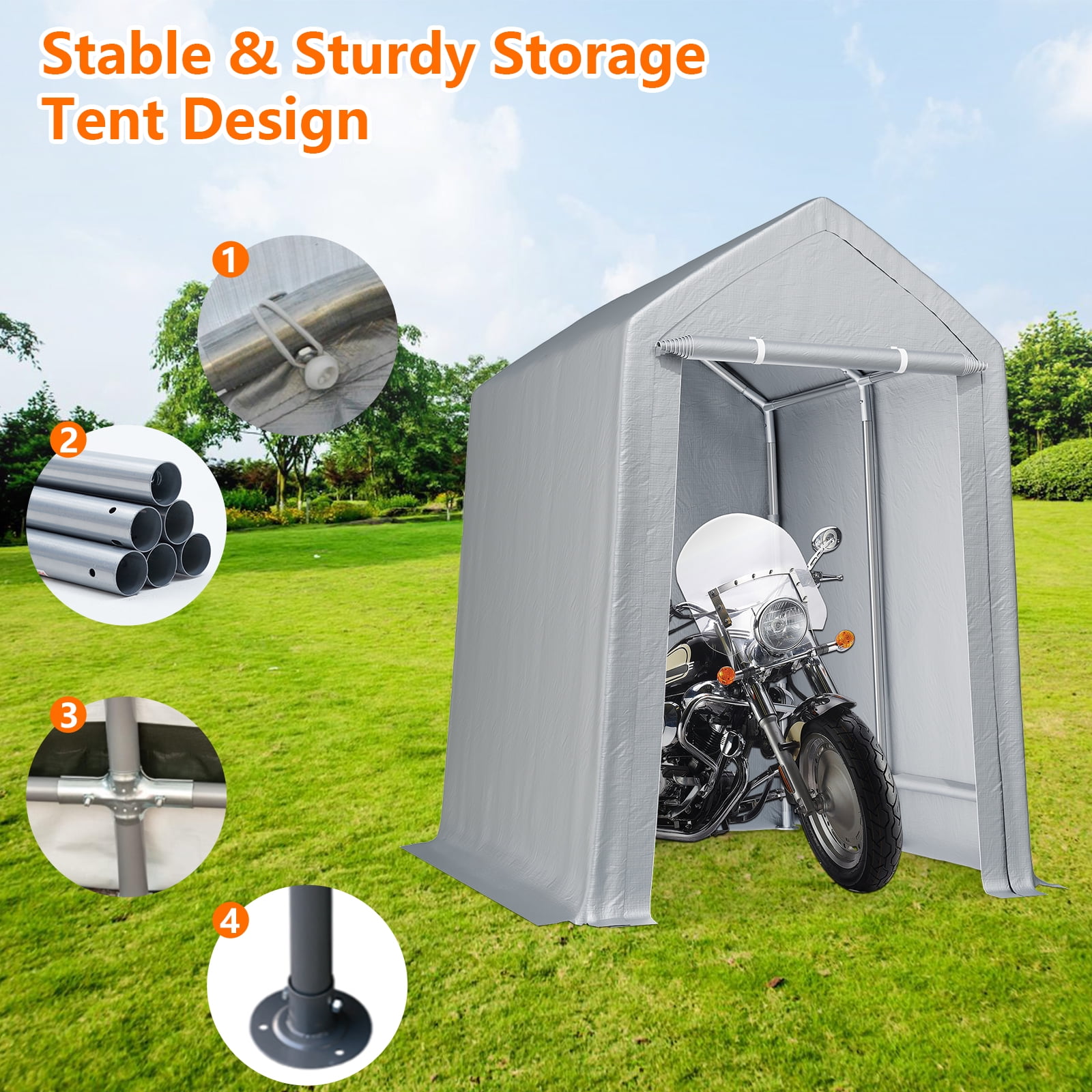 M optimized 12x12 FT Outdoor Portable Storage Shed Motorcycle Covers Storage Shelter, Heavy Duty Storage Tent Tarp Sheds with Roll-up Zipper Door for Bike, Garden Tools, Gray
