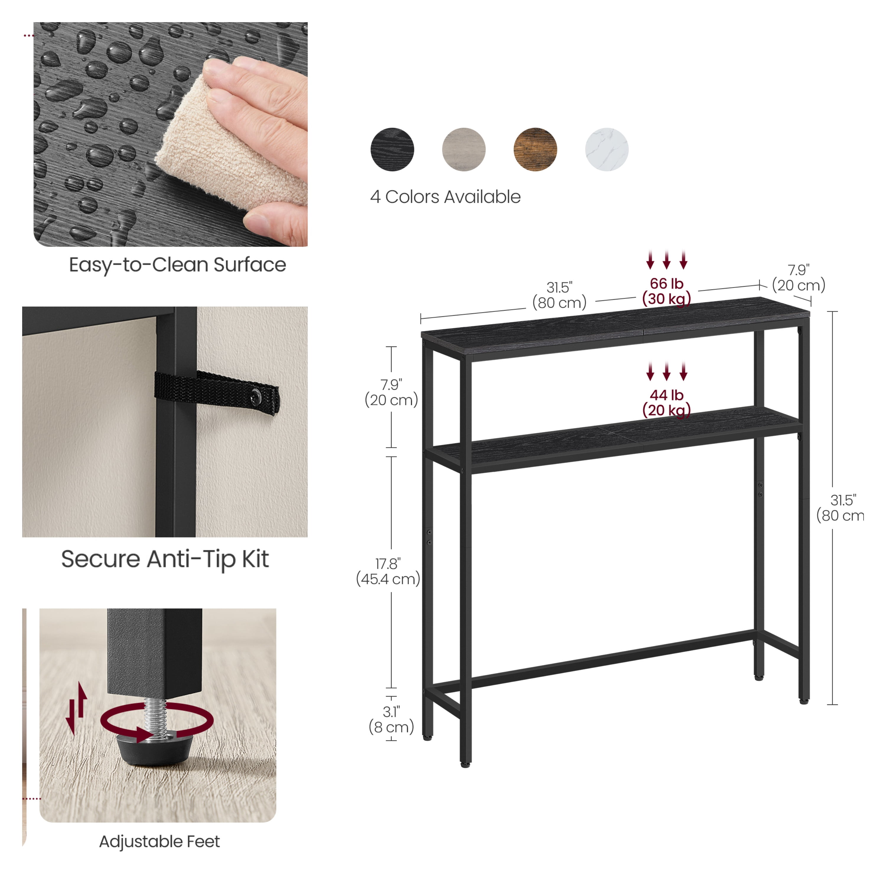 LEDREM 31.5" Modern 2-Tier Console Table, Narrow Sofa Table with Adjustable Feet for Entryway, Living Room, Charcoal Gray and Black